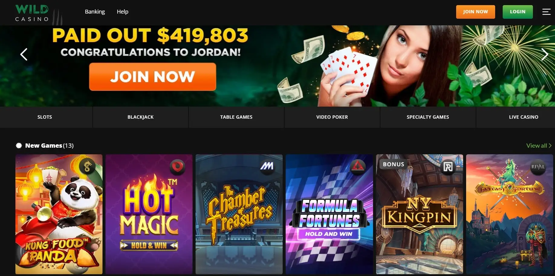 wild casino front page